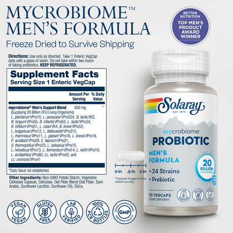 Solaray Mycrobiome Probiotic Mens Formula | Specially Formulated for Men | Healthy Digestion, Immune Function & More | 30 Billion CFU | 30 Vegcaps