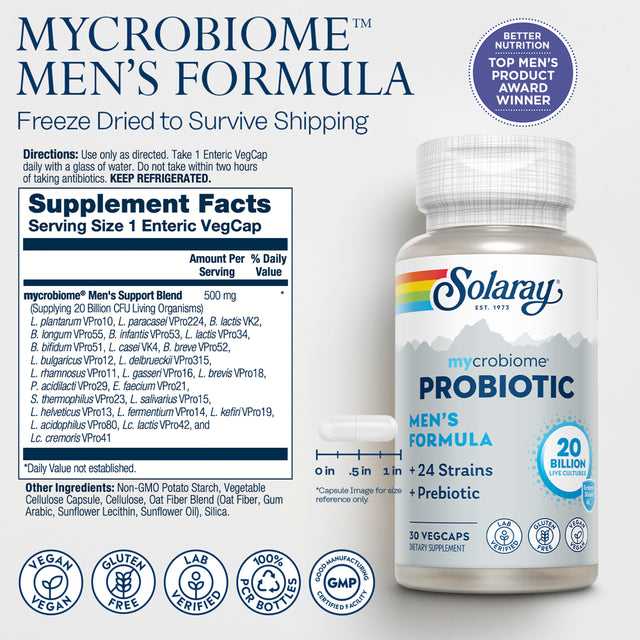 Solaray Mycrobiome Probiotic Mens Formula | Specially Formulated for Men | Healthy Digestion, Immune Function & More | 30 Billion CFU | 30 Vegcaps