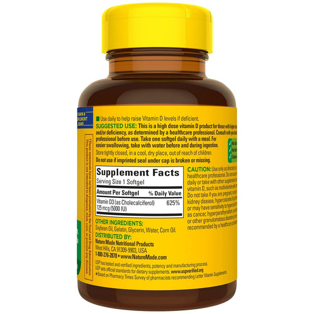 Nature Made Extra Strength Vitamin D3 5000 IU Softgels (125 Mcg), 360 Count for Bone Health? Value Size (Packaging May Vary)