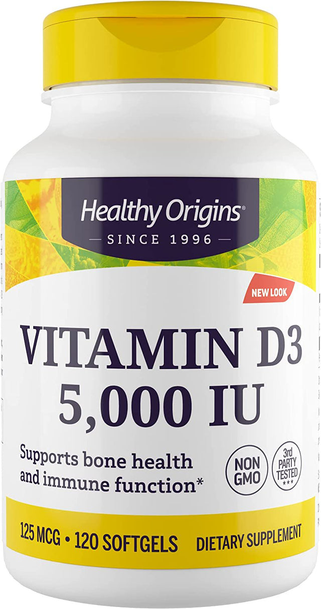 Healthy Origins Vitamin D3 5,000 IU (Non-Gmo, High Potency, Bone Support, Immune Support, Gluten Free), 120 Softgels