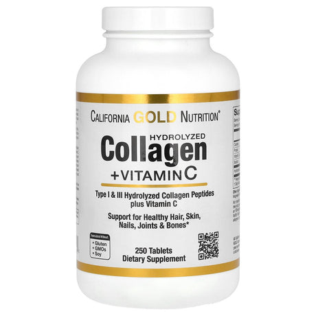 Hydrolyzed Collagen Peptides + Vitamin C by California Gold Nutrition - Support for Hair, Skin, Nails, Joints, & Bones - Featuring Type I & III Collagen Peptides - Gluten Free, Non-Gmo - 250 Tablets