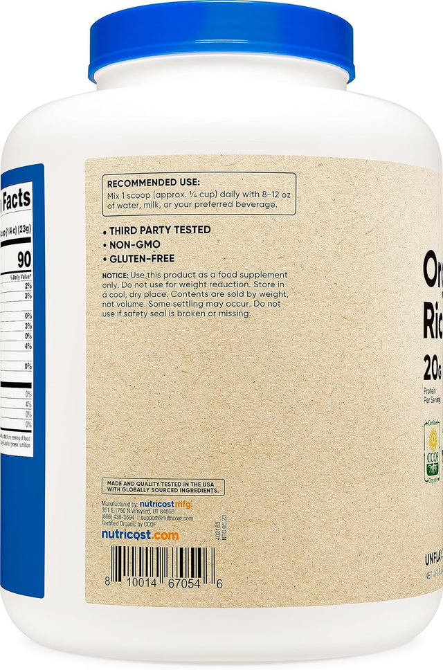 Nutricost Organic Rice Protein Powder 5Lbs (Unflavored) - Certified USDA Organic, 20G of Rice Protein per Serv, Non-Gmo