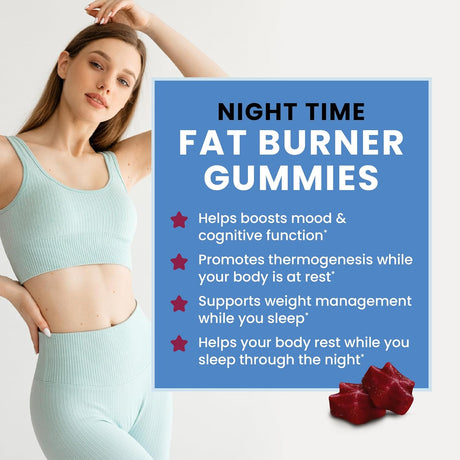 Night Time Fat Burner Gummies, Weight Loss & Sleep Support Supplement | Slimming Hunger Suppressant & Metabolism Booster, Shred Belly Fat While You Sleep | Nighttime Diet Gummies for Women & Men 60Ct