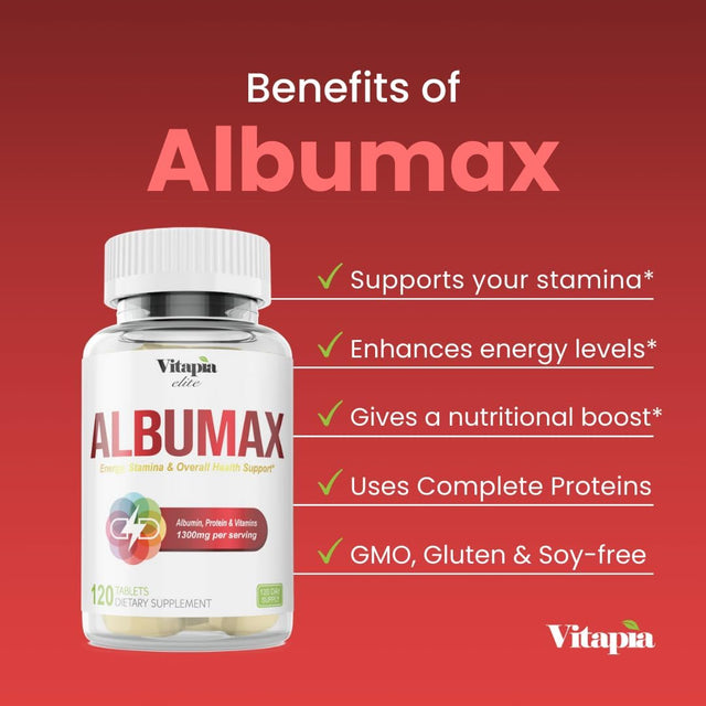 Albumax - 1300Mg per Serving - Albumin, Protein, L-Arginine and Vitamins - Overall Health Support* - 120 Tablets - 120 Day Supply - Non GMO & Gluten Free