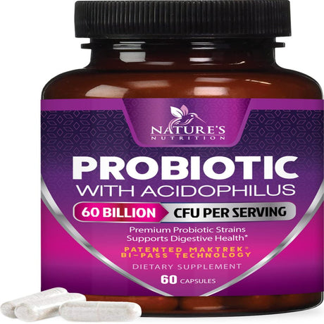 Probiotics, 60 Billion CFU per Serving, Probiotic with Prebiotics for Digestive & Immune Health Support for Women & Men - Nature'S Supplement Is Shelf Stable, Soy, Dairy & Gluten Free - 60 Capsules