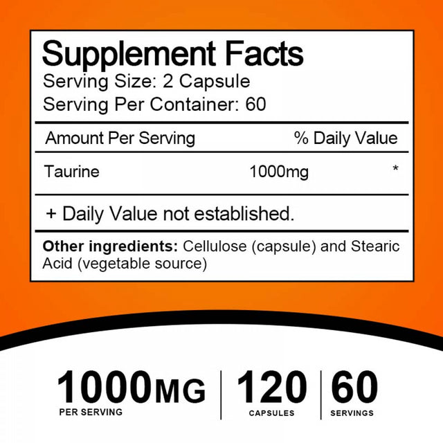 Taurine Capsules - Taurine Supplement 1000Mg - Antioxidant Amino Acid, Support for Heart & Brain Health, 120 Capsules