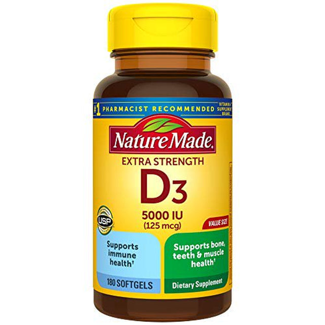 Nature Made Extra Strength Vitamin D3 5000 IU (125 Mcg), Dietary Supplement for Bone, Teeth, Muscle and Immune Health Support, 180 Softgels, 180 Day Supply