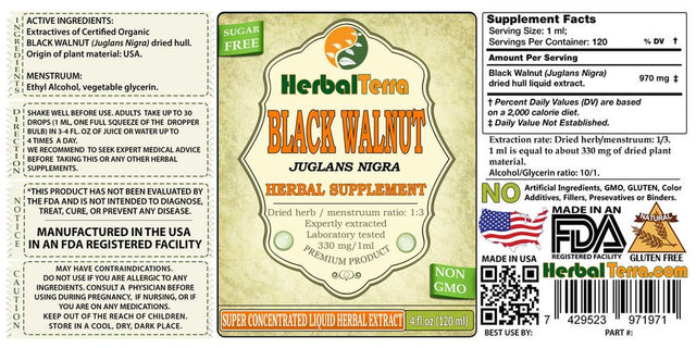 Black Walnut (Juglans Nigra) Tincture, Organic Dried Hull Powder Liquid Extract (Herbal Terra, USA) 2 Oz