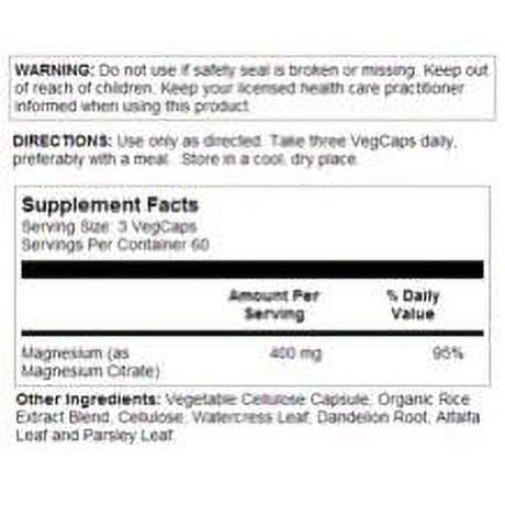 Solaray Magnesium Citrate, Veg Cap (Btl-Plastic) 400Mg 90Ct