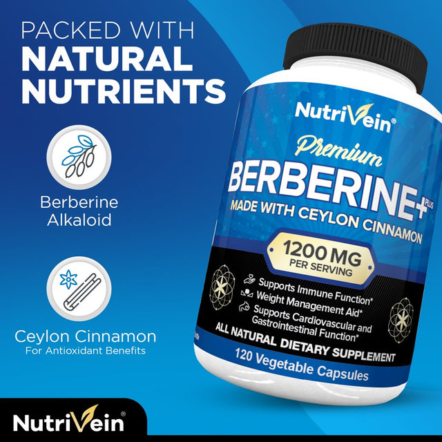 Nutrivein Premium Berberine HCL 1200Mg plus Organic Ceylon Cinnamon - 120 Capsules