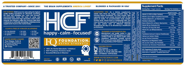 HCF Happy, Calm & Focused - Brain Focus, Attention, Concentration & Mood Supplement (90 Count) - FQ Foundation Amino Acids, Vitamins & Minerals - 100% No Herbal Stimulants - Non-Gmo Project Verified