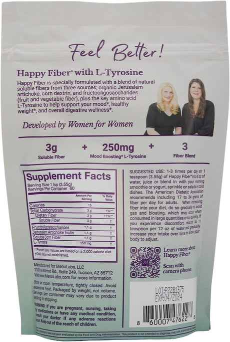 MENOLABS Happy Fiber Doctor-Formulated Triple Fiber Supplement for Women with L-Tyrosine - Menofit Probiotic Enhancer, Metabolism Support - Digestion & Mood Balance (7.5 Oz Bag)