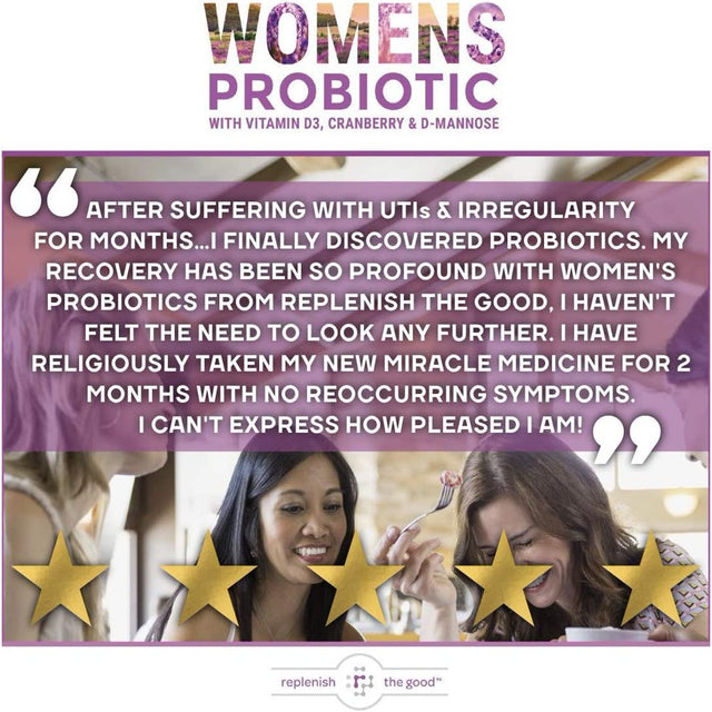 Replenish the Good Women'S Probiotic , Vegan Supplement W/Vitamin D3, Cranberry & D-Mannose , Supports Urinary Tract, Digestive & Immune Health , Fights Yeast & UTI , 60 Sugar-Free Tablets