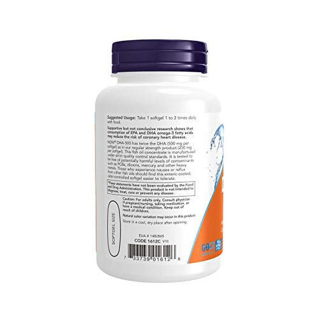 NOW Supplements, DHA-500 with 250 EPA, Molecularly Distilled, Supports Brain Health*, 90 Softgels