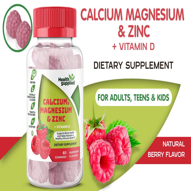 Health Supplied Calcium Magnesium & Zinc + Vitamin D Gummies 2 Pack | Bone Health Energy and Muscle Function | Fruity Raspberry Flavor