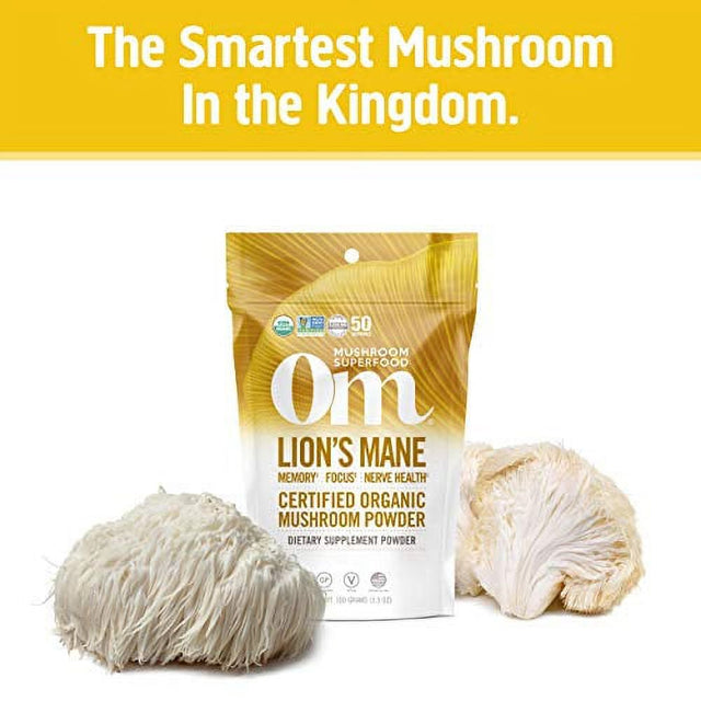 Om Mushroom Superfood Lion'S Mane Organic Mushroom Powder, 3.5 Ounce, 50 Servings, Fruit Body and Mycelium Nootropic for Memory Support, Focus, Clarity, Nerve Health, Creativity and Mood