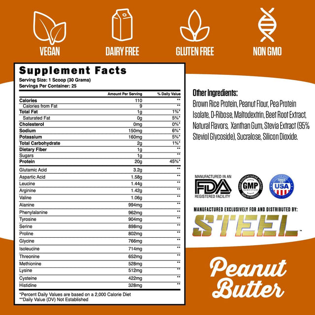 Steel Supplements Veg-Pro | Vegan Protein Powder, Peanut Butter | 25 Servings (1.65Lbs) | Organic Protein Powder with BCAA Amino Acid | Gluten Free | Non Dairy | Low Carb Formula | Artficial Flavoring