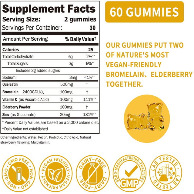 Eco-Taste Quercetin Gummies 500Mg with Vitamin C, Bromelain, Zinc, and Elderberry for Adults, 60 Gummies