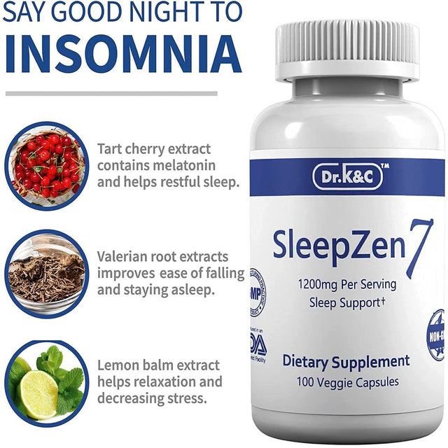 Dr.K&C Sleepzen7 Sleep Aid Supplement – 1200 Mg 100 Veggie Capsules All Natural Botanical Plant Sourced Sleeping Support Organic Tart Cherry Valerian Root Extract No Filler Non GMO