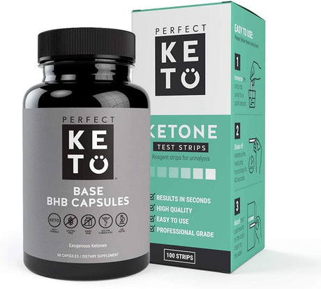 Perfect Keto Exogenous Ketones Base BHB Supplement (60 Capsules) - Ketogenic Diet Support Weight Management, Energy & Focus - Ketosis Beta-Hydroxybutyrate with (100 Pcs) Keto Strips Bundle