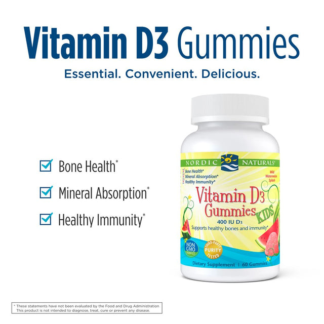 Nordic Naturals Vitamin D3 Gummies Kids, 400 IU, Healthy Immunity, 60 Ct