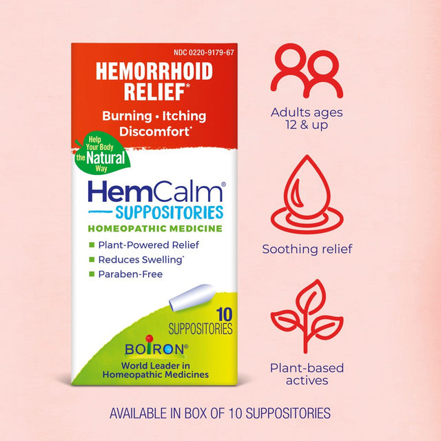 Boiron Hemcalm Suppositories, Homeopathic Medicine for Hemorrhoid Relief, Burning, Itching, Pain, Discomfort, 10 Count