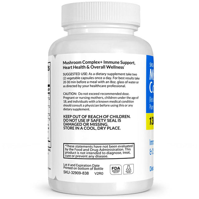 Mushroom Complex+ Pharmaceutical Grade OTC for Immune Support, Heart Health & Overall Wellness, 1300 Mg, Vitasource