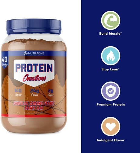 Protein Creations Protein Powder Blend by Nutraone – Indulgently Flavored and Amino Acid Free Protein Powder (Chocolate Caramel Peanut Candy Bar – 3.06 Lbs.)