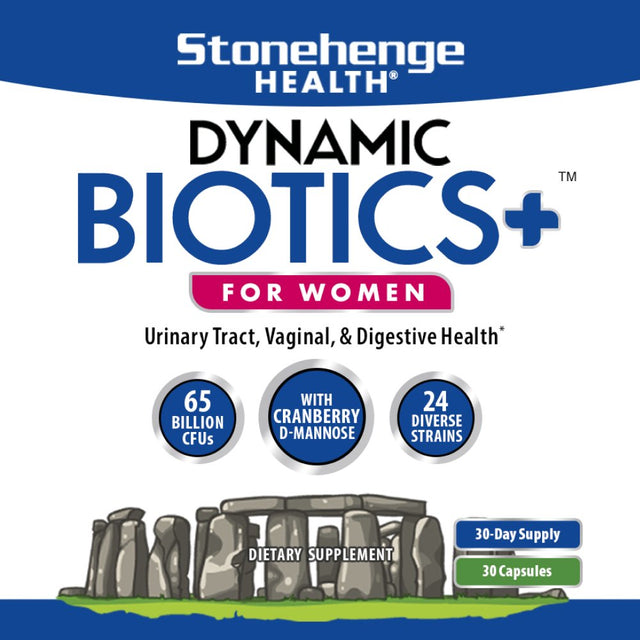 Stonehenge Health Probiotics 65 Billion CFU + 24 Strains, Prebiotic, Synbiotics Dynamic Biotics+ for Women, Cranberry, Urinary Tract & Vaginal Health Blend, Delayed Release, Shelf Stable, Non-Gmo