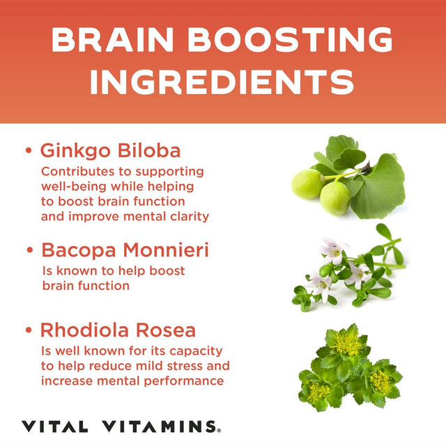 VITAL VITAMINS Brain Supplement Nootropics Booster - Enhance Focus & Mind, Boost Concentration, Improve Memory & Clarity for Men Women, Ginkgo Biloba,Dmae,Iq Neuro Energy, Vitamin B12 Bacopa Monnieri