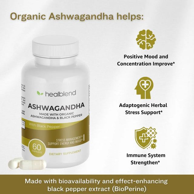 Healblend Organic Ashwagandha Supplement 1300Mg with Black Pepper Extract - Supports Stress Relief, Immune, Energy, Stamina & Mood, 100% Pure - 2-Pack