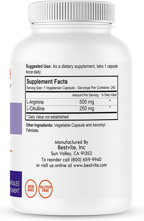 BESTVITE L-Arginine L-Citrulline 500Mg / 250Mg Vegan (240 Vegetarian Capsules) - No Stearates - No Dicalcium Phosphate - Non GMO - Gluten Free