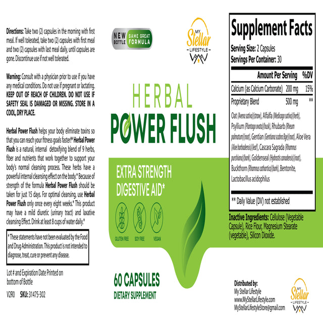 5 Pack Herbal Power Flush, Extra Strength Digestive Aid-60 Capsules X5