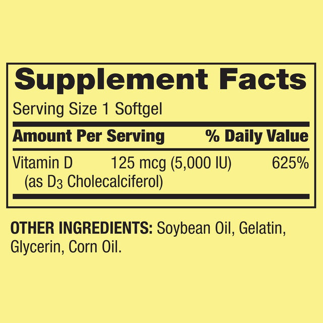 Spring Valley Vitamin D3 Softgels, 5000 IU, 100 Count