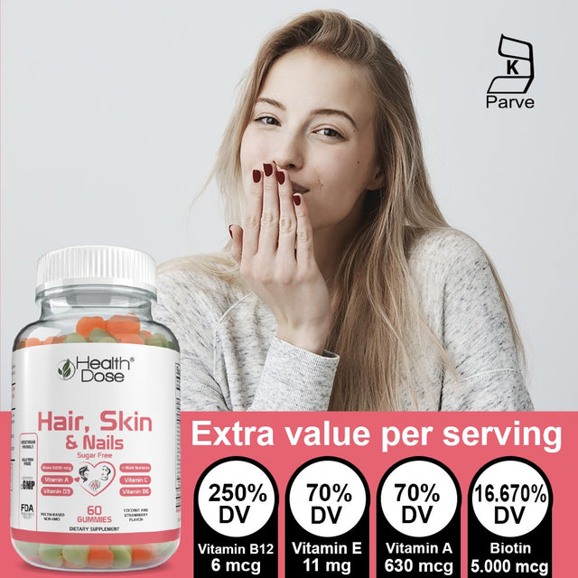 Healthdose Hair Skin Nails with Biotin 5000 Mcg, Vitamin A,D3,C & B6, Gluten & Sugar Free, Coconut & Strawberry Flavor 60 Count Gummies.