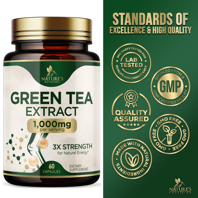 Nature'S Green Tea Extract Pills 98% Standardized EGCG 1000Mg - 3X Strength for Natural Energy & Supports Heart Antioxidant Health - Herbal Supplement with Polyphenols, Vegan, Non-Gmo - 60 Capsules