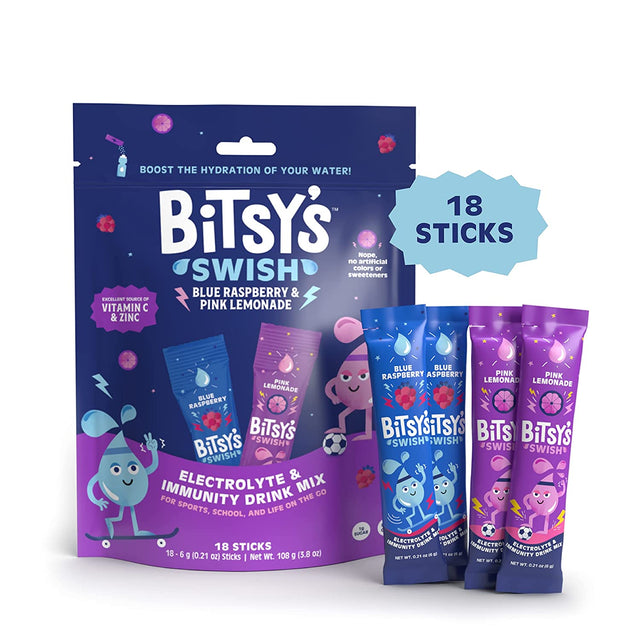 Bitsy'S Swish Electrolyte Powder Packets, Hydration Drink Mix with Immunity Boosting Vitamin C, B2, Zinc & Electrolytes, Gluten Free, Low Sugar, Blue Raspberry & Pink Lemonade Variety Pack, 18 Sticks