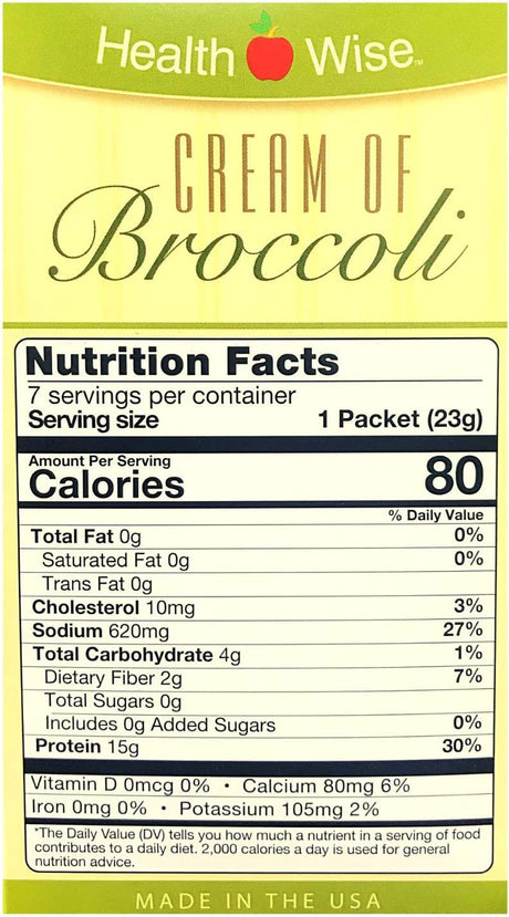 Healthwise Cream of Broccoli Soup For- Hunger Control - for Weight Loss- - Protein Supplement - (7 Packets of 0.81 Oz., Net 5.67 Oz.) - 15 Grams of Protein - 80 Calories