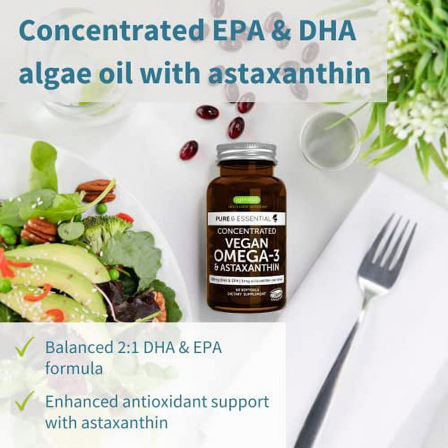 Pure & Essential Vegan Omega 3, High Concentration EPA DHA Algae Oil, Sustainable & Pure, plus Astaxanthin, 600Mg DHA & EPA for Heart, Brain & Eye Health, 60 Small Softgels