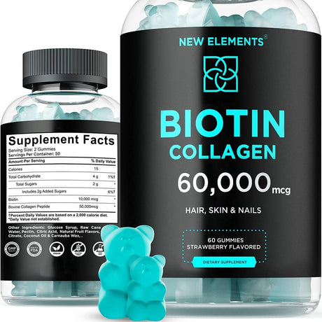 Biotin & Collagen Peptides Gummies - Collagen Peptides 50000Mcg Biotin 10000Mcg Chewable Vitamin B7 for Hair Skin and Nails, Hair Growth Supplement for Men & Women, Non-Gmo 60 Count (Pack of 1)