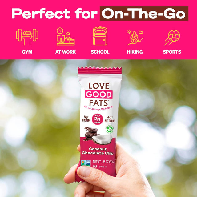 Love Good Fats Keto Bars, Truffle Coconut Chocolate Chip - Plant-Based Protein Snack, Low Carb, Low Sugar, Gluten Free, Non GMO, 12 Pack