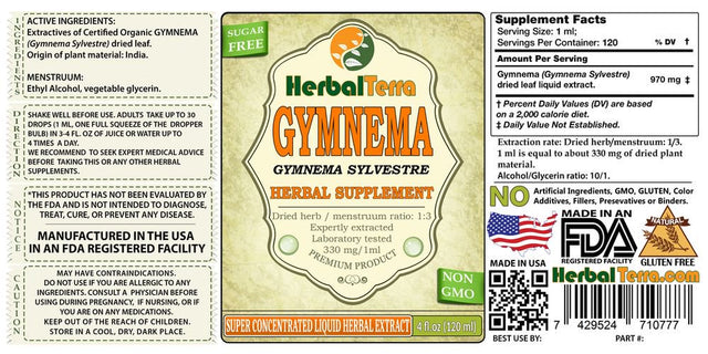 Gymnema (Gymnema Sylvestre) Tincture, Organic Dried Leaves Liquid Extract (Herbal Terra, USA) 4 Oz