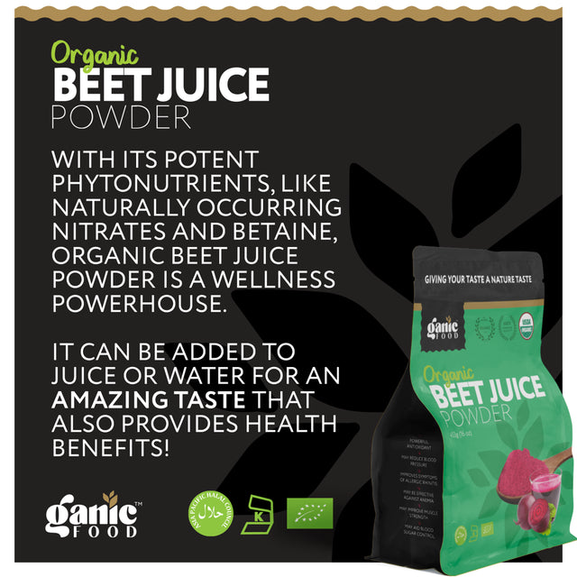 Organic Beet Root Juice Powder by Ganic Food | Cold Pressed and Water Soluble Beet Juice | USDA Organic Beet Juice Pre-Workout Concentrated Powder | Contains Natural Nitrates Acid for Energy & Immune