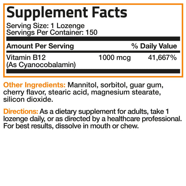 Bronson Vitamin B12 1000 Mcg Fast Dissolve Cherry Tablets - Supports Brain Cells & Nervous System Health, Promotes Energy & Stamina, 150 Cherry Flavored Vegetarian Lozenges