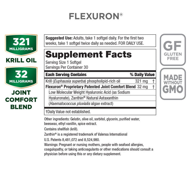 Flexuron Joint Formula by Purity Products - 3X Better than Glucosamine and Chondroitin - Starts Working in Just 7 Days - Krill Oil, Low Molecular Weight Hyaluronic Acid, Astaxanthin - 30 Count