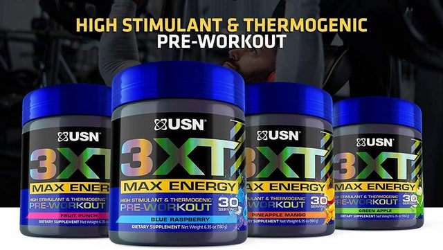 USN 3XT Max Energy Pre-Workout Supplement Powder for Energy, Endurance, and Pump, Preworkout Drink Mix, Nitric Oxide, Citrulline, Caffeine, Zero Creatine, Green Apple (30 Servings)