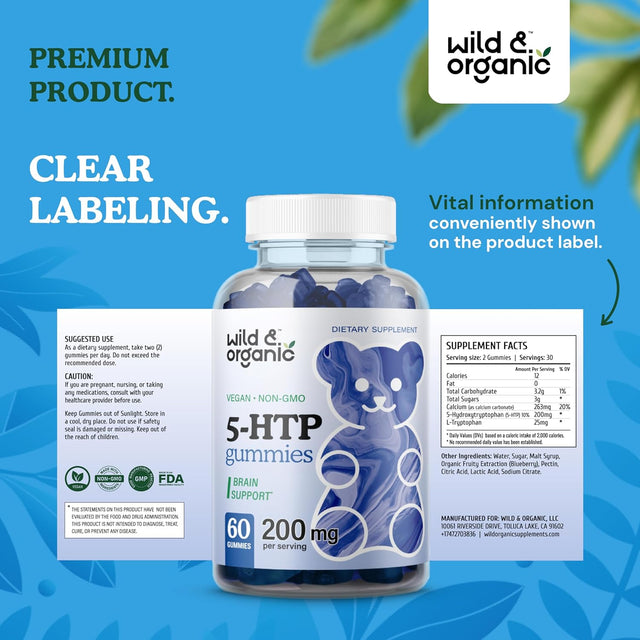 Wild & Organic 5-HTP Gummies - 5-HTP Supplement Formula for Sleep & Mood Support Supplement - 5-Htp Gummy Melatonin - 5-Htp 200Mg 60 Chews, Blueberry Flavor