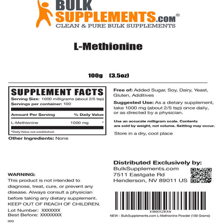 Bulksupplements.Com L-Methionine Powder, 1000Mg - Kidney & Liver Support (100G - 100 Servings)