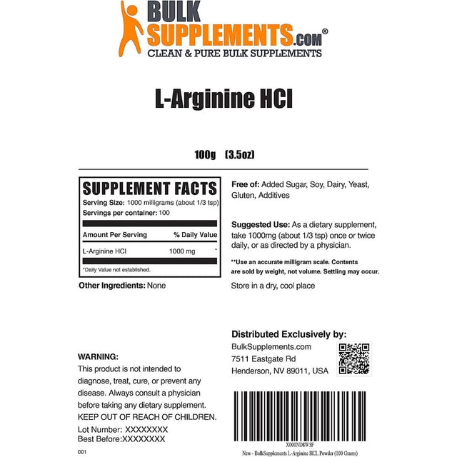 Bilot L-Arginine Hcl Powder - Arginine 1000Mg - Arginine Suplement - Nitric Oxide Powder - L-Arginine Powder - Nitric Oxide Supplement - 1000Mg per Serving (100 Grams - 3.5 Oz)