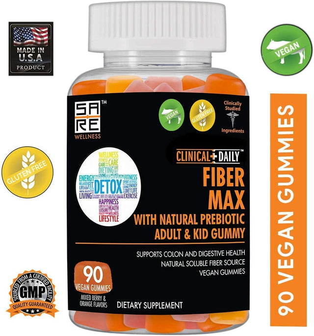 Fiber Max, Vegan High Fiber Gummies for Adults & Kids. Constipation Relief for Adults and Kids. Prebiotic Inulin Fiber Supplement Gummies. 90 Gluten-Free Laxative Gummies for Gut Repair